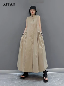 XITAO/ Новое платье без рукавов, Однотонное Плиссированное Платье с длинным воротником-стойкой, Летнее Модное Повседневное Свободное Платье для меньшинств WMD0621
