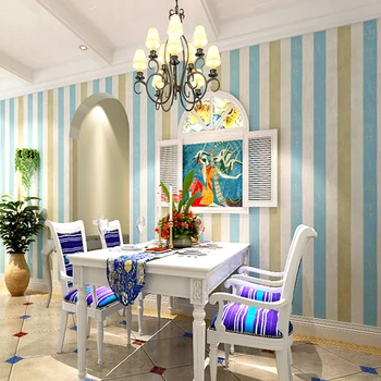 Синий стиль Средиземноморские обои в полоску из древесного волокна для стен спальни, рулон, диван для гостиной, Нетканые обои с принтом, настенная роспись